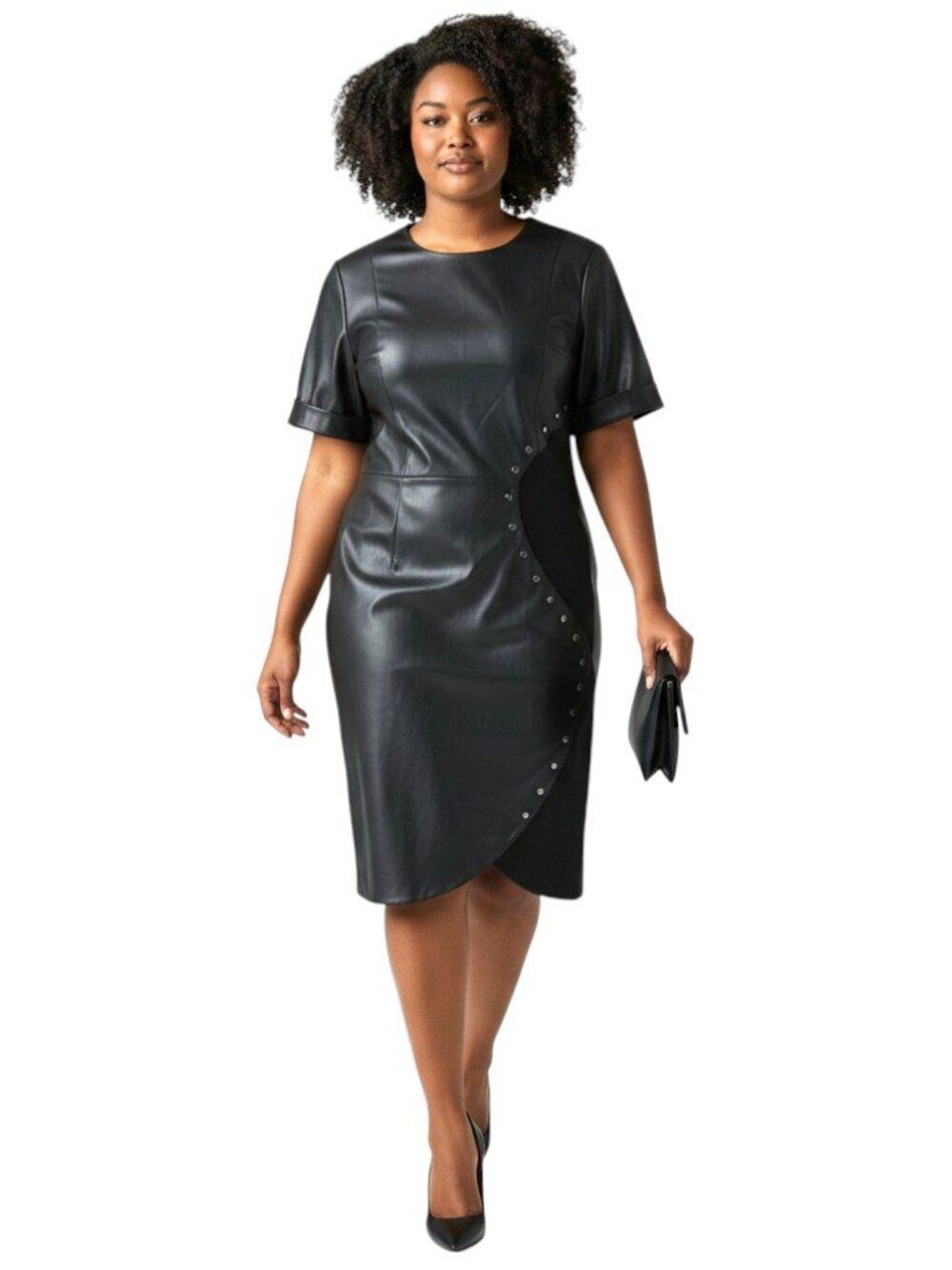 Sika Collection Faux Leather Short Sleeve Sheath Dress Silver Studs Black Size 1